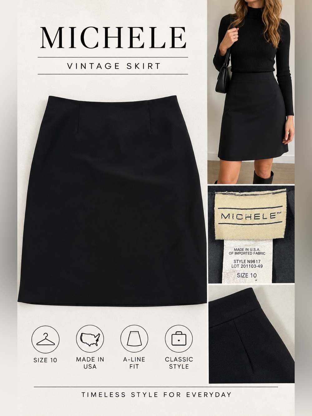 Vintage Michele Black A-Line Skirt Size 10 Made in USA Classic Career